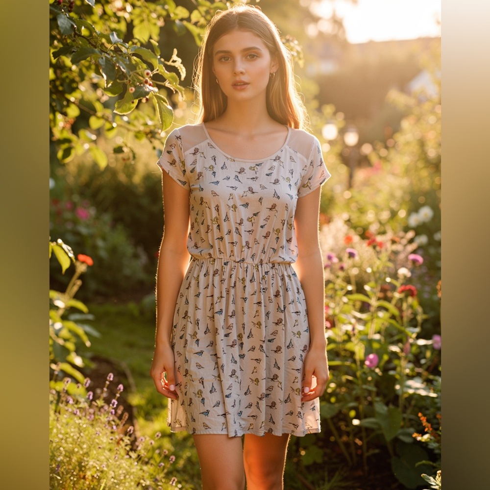 H&M White Dress with Bird Print